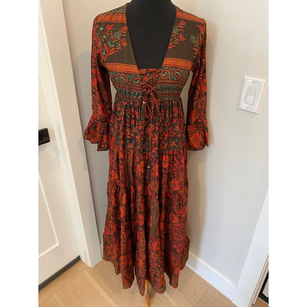 Chandry Boho Floral Lace Up Maxi Dress Rust Brown Tiered Ruffle Sleeve V-Neck S